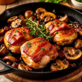 Аппетитные куриные бедра с беконом и грибами: быстро и вкусно