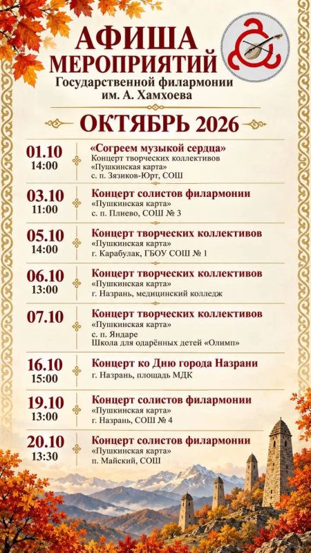 Октябрьская афиша Государственной филармонии им. А. Хамхоева